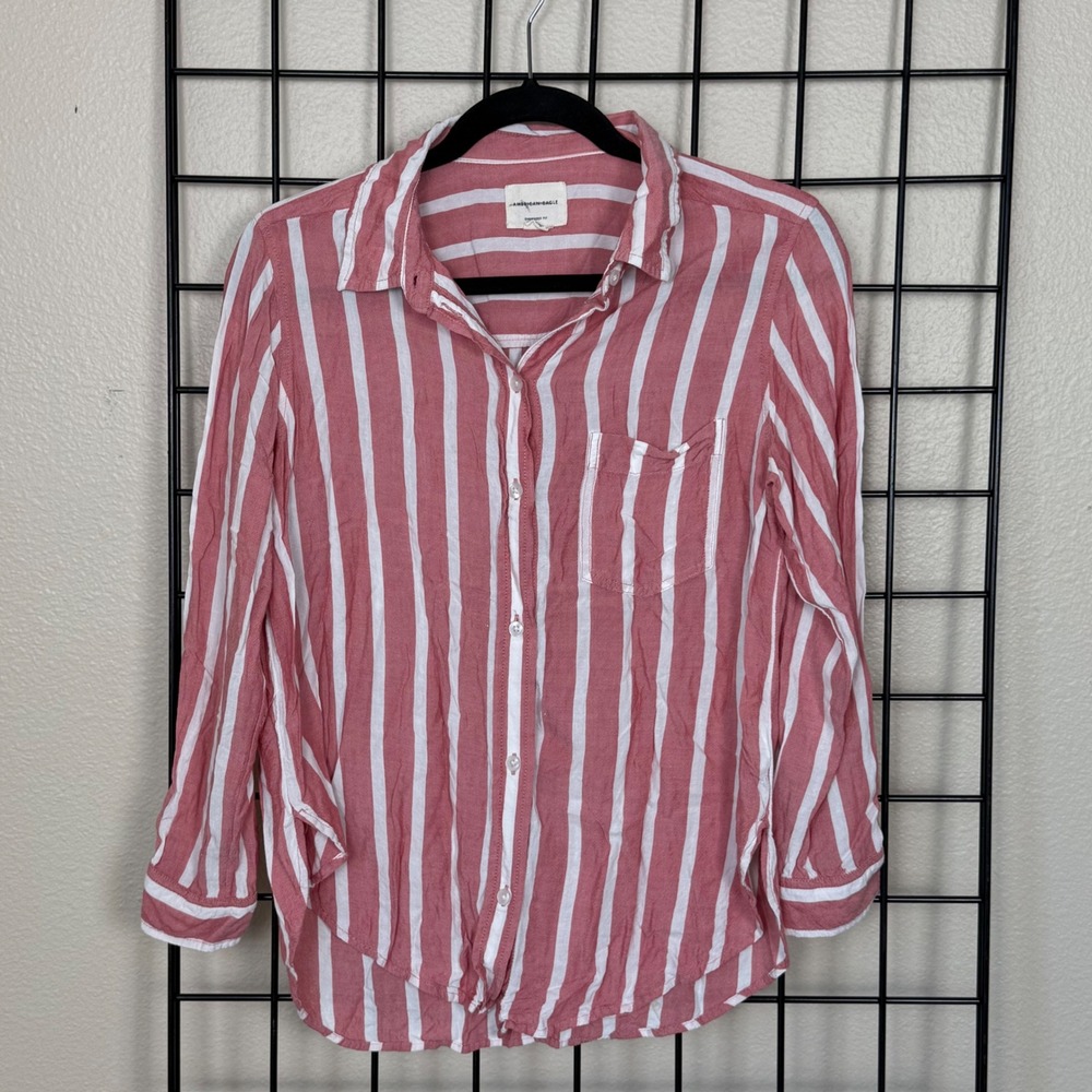American Eagle Button Down Shirt Womens Small Pink White Striped Oversized Fit